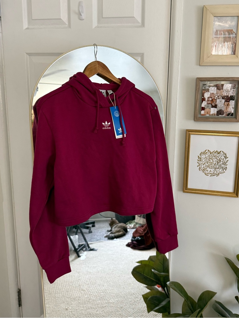Adidas Maroon Pink Cropped Hoodie Sweatshirt NWT - Picture 2 of 6